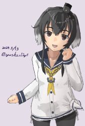 1girl absurdres anchor black_hair black_pantyhose blue_sailor_collar blush brown_eyes dated dress gradient_hair grey_background grey_hair hairband hat headgear highres kantai_collection looking_at_viewer lowleg lowleg_pantyhose mini_hat multicolored_hair neckerchief open_mouth pantyhose sailor_collar sailor_dress school_uniform seamed_legwear serafuku shirt short_hair short_hair_with_long_locks side-seamed_legwear smile smokestack_hair_ornament solo tied_shirt tokitsukaze_(kancolle) twitter_username yellow_neckerchief yuushou