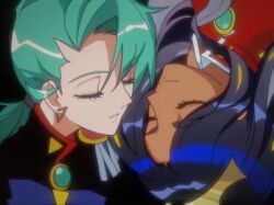 1990s_(style) 2girls amulet black_hair blue_jacket closed_eyes cosplay dark-skinned_female dark_skin dress earrings epaulettes geeta_(pokemon) green_hair highres himemiya_anthy himemiya_anthy_(cosplay) jacket jewelry karminrotword long_hair multiple_girls nintendo parody pokemon pokemon_sv ponytail red_dress retro_artstyle rika_(pokemon) rondo-revolution shoujo_kakumei_utena tenjou_utena tenjou_utena_(cosplay) upside-down yuri