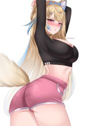 1girl absurdres alternate_costume animal_ear_fluff animal_ears arms_up ass black_shirt blonde_hair blue_hair blush breasts cleavage cowboy_shot cropped_shirt dog_ears dog_girl dog_tail from_behind fuwawa_abyssgard grey_background helldeer highres hololive hololive_english large_breasts long_hair looking_at_viewer looking_back multicolored_hair pink_eyes pink_shorts shirt shorts simple_background tail two-tone_hair virtual_youtuber white_background