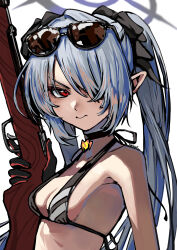1girl absurdres bikini black_bikini black_choker black_gloves blue_archive bolt_action breasts choker dark-skinned_female dark_skin eudetenis eyewear_on_head gloves grey_hair gun hair_over_one_eye highres holding holding_gun holding_weapon iori_(blue_archive) iori_(swimsuit)_(blue_archive) long_hair mauser_98 official_alternate_costume pointy_ears red_eyes rifle small_breasts solo sunglasses swimsuit twintails weapon