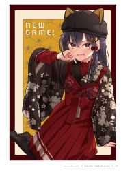 1girl animal_ears black_hair black_headwear black_kimono black_legwear bow cat_ears copyright_name dress_shirt fake_animal_ears fan floral_print green_eyes hair_between_eyes hair_bow hakama highres japanese_clothes kimono long_hair long_sleeves looking_at_viewer narumi_tsubame new_game! open_mouth page_number print_kimono red_bow red_hakama red_shirt shirt solo tokunou_shoutarou wide_sleeves yellow_bow