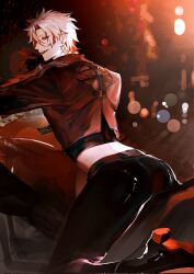 Rule 34 | 1boy, ass, ass focus, back, black gloves, black jacket, chuan, colored inner hair, cropped jacket, cropped shirt, earrings, gloves, highres, jacket, jewelry, looking back, male focus, motor vehicle, motorcycle, multicolored hair, open mouth, red hair, scar, scar (wuthering waves), scar on face, shiny clothes, shiny legwear, shoe soles, short hair, skinny, smile, solo, teeth, thick thighs, thighs, upper teeth only, white hair, wuthering waves
