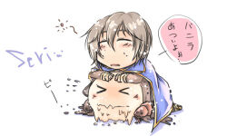 &gt;_&lt; 1boy alchemist_(ragnarok_online) blue_cape brown_hair brown_shirt cape chibi chibi_only closed_eyes commentary_request full_body hair_between_eyes long_bangs male_focus matoyuuki open_mouth ragnarok_online shirt short_hair simple_background slime_(creature) solo squeans translation_request vanilmirth_(ragnarok_online) white_background