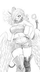 1girl black_neckwear black_skirt breasts choker cigarette demon_girl demon_tail fang feathered_wings greyscale hair_over_one_eye hand_on_own_hip highres hook horns ink_(medium) kewpie_(mazohaha) large_breasts limited_palette long_hair monochrome musuko_ga_kawaikute_shikatanai_mazoku_no_hahaoya navel single_horn sketch skirt smoke smoking strapless tail thighs traditional_media tube_top white_background white_hair white_wings wings zyugoya