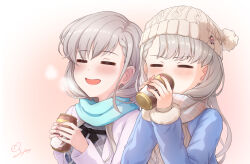2girls =_= asymmetrical_bangs beanie blue_scarf blush braid braided_bangs can drinking fur-trimmed_sleeves fur_trim grey_hair hat highres hisakawa_hayate hisakawa_nagi holding holding_can idolmaster idolmaster_cinderella_girls kurumi_susuki long_sleeves multiple_girls scarf siblings sisters twins twintails upper_body white_hat