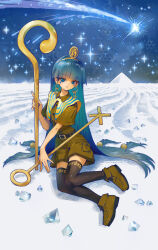 1girl absurdres ancient_egyptian_architecture belt black_belt black_thighhighs blue_eyes blue_hair blunt_bangs boots brown_boots brown_shirt brown_shorts cane earrings facial_mark full_body gem headgear highres jewelry key_earrings michigami_nareko momijigari night night_sky quad_tails sand shirt shooting_star shorts sitting sky solo thighhighs touhou triangle triangle_facial_mark