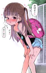 Rule 34 | 1girl, absurdres, backpack, bag, black camisole, blue shorts, blush, brown eyes, brown hair, camisole, crime prevention buzzer, hands on own thighs, heart, highres, leaning forward, long hair, one side up, open mouth, original, outdoors, randoseru, shorts, solo, strap slip, thighs, translation request, umekko