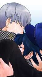 1boy 1girl atlus az0212 bad_id bad_pixiv_id blue_hair couple grey_hair hat hetero hug narukami_yu persona persona_4 school_uniform shirogane_naoto