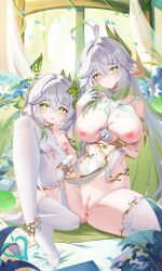 2girls absurdres ahoge alternate_costume bare_shoulders blush bracelet breasts breasts_out bridal_gauntlets censored chinese_commentary cleavage closed_mouth clothes_lift collarbone commentary_request covered_navel dress feet foot_out_of_frame genshin_impact gloves gold_trim green_eyes green_hair hair_between_eyes hair_ornament hand_on_another&#039;s_thigh heart heart-shaped_pupils highres incredibly_absurdres jewelry jndfh knee_up large_breasts leaf_hair_ornament legs long_hair looking_at_viewer mosaic_censoring multicolored_hair multiple_girls nahida_(genshin_impact) nipples no_shoes parted_lips pointy_ears pussy rukkhadevata_(genshin_impact) sitting sleeveless sleeveless_dress small_breasts smile symbol-shaped_pupils thighhighs thighs toes very_long_hair white_bridal_gauntlets white_dress white_gloves white_hair white_thighhighs