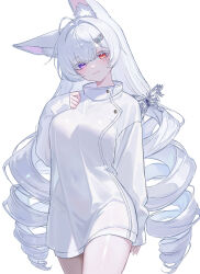 1girl :3 absurdres ahoge animal_ear_fluff animal_ears breasts butterfly_hair_ornament closed_mouth colored_eyelashes commission covered_navel cowboy_shot dress drill_hair fox_ears hair_ornament hairclip hand_up heterochromia highres large_breasts long_hair long_sleeves looking_at_viewer low_twintails mumu_muw original pantylines purple_eyes red_eyes see-through_silhouette simple_background smile solo twin_drills twintails very_long_hair white_background white_dress white_eyelashes white_hair