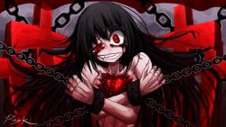 1girl animated animated_gif artist_name black_hair black_sclera chain colored_sclera cross crying cuffs female_focus grin heart heterochromia nude original ray-k red_eyes shackles smile solo tears teeth