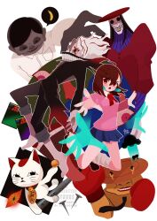 3boys 3girls acrobatic_silky_(dandadan) alien ayase_momo ball banana barefoot black_jacket black_pants blue_skirt blush bow bowtie brown_eyes brown_hair cat cow dandadan earrings food fruit full_body gakuran ghost hair_between_eyes hashtag-only_commentary highres jacket jewelry kami_high_school_uniform looking_at_viewer loose_socks maneki-neko medium_hair miniskirt mr._mantis_shrimp multiple_boys multiple_girls open_hands open_mouth outstretched_hand pants pants_rolled_up pink_sweater pleated_skirt red_bow red_bowtie red_eyes school_uniform serpo_(dandadan) short_hair signature skirt socks sweater takakura_ken_(dandadan) takakura_ken_(transformed)_(dandadan) tractor_beam transformation turbo_granny_(dandadan) ufo white_background white_hair white_socks yorita_genyu