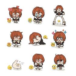 1girl :3 ange_katrina ange_katrina_(1st_costume) ankle_boots black_coat blush_stickers booom_7474 boots chibi chibi_only coat commentary_request crying emoji hair_intakes heart highres long_legs long_sleeves looking_at_viewer medium_hair multiple_expressions multiple_views nijisanji red_hair simple_background smile sparkle streaming_tears tears translation_request trembling virtual_youtuber white_background