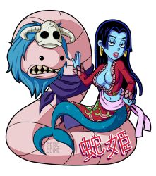 1girl alaskan_bull_worm artist_name black_hair blue_skin boa_hancock boa_hancock_(cosplay) breasts cleavage colored_skin cosplay crossover highres large_breasts long_hair looking_at_viewer mermaid monster_girl navel one_piece percodine queen_amphitrite salome_(one_piece) salome_(one_piece)_(cosplay) simple_background skull_on_head spongebob_squarepants_(series) translation_request white_background