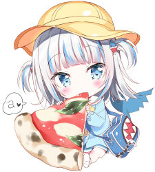 1girl a_(phrase) bag blue_bag blue_eyes blue_hair blue_shirt blue_skirt blush chibi chibi_only collared_shirt commentary_request eating fins fish_tail food food_in_mouth full_body gawr_gura hair_ornament hat highres holding holding_food holding_pizza hololive kindergarten_uniform long_sleeves looking_at_viewer medium_hair multicolored_hair neckerchief pizza pizza_slice school_hat shark_hair_ornament shark_tail shirt shoulder_bag skirt socks solo speech_bubble streaked_hair tail takahashi_tetsuya two-tone_hair two_side_up virtual_youtuber white_background white_hair white_socks yellow_hat yellow_neckerchief