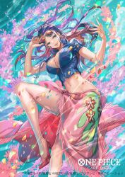 1girl bisaiiiii black_hair blue_eyes blue_jacket breasts cleavage commentary_request copyright_name cropped_jacket eyewear_on_head floating_hair high_heels jacket large_breasts long_hair looking_to_the_side navel nico_robin nico_robin_(return_to_sabaody) official_art one_piece one_piece_card_game open_mouth orange-tinted_eyewear pink_petals pink_sarong pink_shoes sarong shoes short-sleeved_jacket short_sleeves solo tinted_eyewear