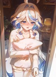 1girl absurdres blue_eyes blue_hair blush collarbone colored_inner_hair cowlick dasha doorway drop-shaped_pupils furina_(genshin_impact) genshin_impact heterochromia highres holding holding_pillow light_particles long_hair looking_down multicolored_hair pillow plant potted_plant pov pov_doorway revision shirt shorts solo streaked_hair symbol-shaped_pupils white_hair white_shirt white_shorts