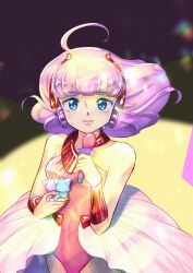 1girl absurdres ahoge animal bare_shoulders blue_cat blue_eyes breasts cat closed_mouth commentary creamy_mami crying crying_with_eyes_open drill_hair drill_sidelocks eyeshadow green_eyeshadow hair_ornament hand_up highres holding holding_animal holding_microphone idol idol_clothes leotard looking_at_viewer magical_girl mahou_no_tenshi_creamy_mami makeup medium_hair microphone miz_mus nega_(creamy_mami) pink_cat pink_leotard pink_skirt posi_(creamy_mami) purple_hair showgirl_skirt sidelocks skirt small_breasts smile spotlight standing tears wristband