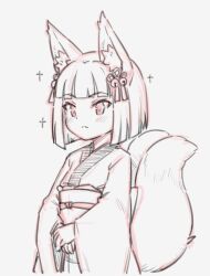 Rule 34 | 1girl, :&lt;, animal ear fluff, animal ears, bell, blunt bangs, blunt ends, closed mouth, commentary request, fox ears, fox girl, fox tail, hair bell, hair ornament, japanese clothes, jingai modoki, jingle bell, kamuro (mon-musu quest!), kimono, light blush, long sleeves, mon-musu quest!, multiple tails, obi, own hands together, sash, short hair, simple background, solo, sparkle, tail, upper body, white background, wide sleeves