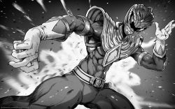 1boy belt bodysuit commentary commission dino_buckler dragon_ranger english_commentary fighting_stance gloves greyscale helmet highres jason_david_frank magion02 male_focus mighty_morphin_green_ranger mighty_morphin_power_rangers monochrome power_rangers solo