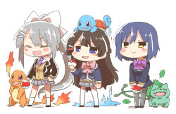 3girls :d black_hair black_jacket black_shoes blazer blue_eyes blue_hair blush_stickers brown_cardigan bulbasaur cardigan charmander chibi closed_eyes collared_shirt fire flame-tipped_tail gen_1_pokemon grey_hair grey_pantyhose grey_skirt hair_between_eyes hair_ornament hairclip higuchi_kaede higuchi_kaede_(1st_costume) jacket leaf mole mole_under_eye multiple_girls nijisanji nintendo on_head open_clothes open_jacket open_mouth pantyhose pleated_skirt pokemon pokemon_(creature) ponytail rebecca_(keinelove) shirt shizuka_rin shizuka_rin_(1st_costume) shoes simple_background skirt smile socks squirtle tail thighhighs tsukino_mito tsukino_mito_(1st_costume) v-shaped_eyebrows virtual_youtuber water white_background white_shirt white_socks white_thighhighs yellow_eyes