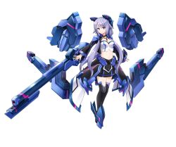 1girl black_choker breasts choker cosmic_break cosmic_break_2 drone full_body gun headgear jewelry long_hair looking_at_viewer medium_breasts midriff navel necklace official_art ponytail purple_eyes purple_hair sidelocks skirt smile telene thighhighs third-party_source wakaba_sprout weapon