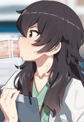 1boy 1girl absurdres ameku_takao ameku_takao_no_suiri_karte animated bar_censor blurry brown_eyes brown_hair censored chair clipboard clothed_sex coat collarbone deepthroat doctor fellatio green_shirt hair_over_shoulder hetero highres lab_coat large_penis long_hair mizumizuni motion_lines oral penis shirt sitting solo_focus sweat tagme tearing_up throat_bulge upper_body video white_coat