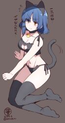 Rule 34 | 1girl, animal ears, animal print, black thighhighs, blue hair, bocchi the rock!, breasts, brown background, cat ears, cat lingerie, cat panties, cat print, cat tail, fake animal ears, fake tail, medium breasts, meme attire, panties, print panties, serebi ryousangata, short hair, simple background, solo, tail, thighhighs, translation request, underwear, yamada ryo, yellow eyes