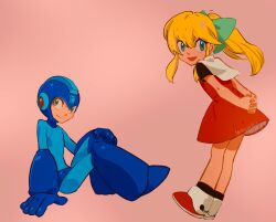 1boy 1girl arms_behind_back blonde_hair blue_bodysuit blue_eyes blue_helmet bodysuit brother_and_sister cairngorm999 dated dress full_body helmet highres mega_man_(character) mega_man_(classic) mega_man_(series) mega_man_day pink_background red_dress roll_(mega_man) siblings simple_background sitting standing