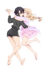 2girls arm_around_neck artist_request barefoot black_hair black_shorts black_sweater blonde_hair braid bright_pupils cardigan cheek-to-cheek closed_mouth commentary_request dress hand_on_another&#039;s_waist heads_together highres holding_hands interlocked_fingers kuro_(ninkoro) long_hair looking_at_viewer mole mole_under_eye mole_under_mouth multiple_girls ninja_to_koroshiya_no_futarigurashi off-shoulder_sweater off_shoulder official_art pink_dress purple_cardigan second-party_source short_hair shorts simple_background single_braid smile soles sweater toes white_background white_pupils yuri yuriko_(ninkoro)