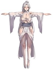 1girl bare_shoulders blue_eyes blush breasts cleavage clothing_cutout covered_erect_nipples full_body highres huge_breasts large_breasts long_hair looking_at_viewer original outstretched_arms rbqinori simple_background solo very_long_hair white_background white_footwear white_hair wide_sleeves