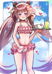 Rule 34 | 1girl, bikini, blue archive, blue sky, brown hair, cloud, cloudy sky, heart, i-nn, looking at viewer, maid headdress, navel, shizuko (blue archive), sky, solo, swimsuit, twintails, twitter