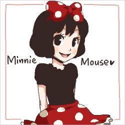 1girl black_hair bow character_name disney dress gloves hair_bow humanization looking_at_viewer lowres mickey_mouse_&amp;_friends minnie_mouse open_mouth personification polka_dot shirt short_hair skirt smile solo upper_body waasa white_gloves