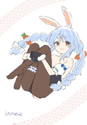 Rule 34 | 1girl, animal ear fluff, animal ears, bare shoulders, black gloves, black leotard, bow, braid, brown eyes, carrot hair ornament, closed mouth, commentary request, detached sleeves, feet, food-themed hair ornament, full body, fur-trimmed gloves, fur trim, gloves, hair bow, hair ornament, highres, hololive, hugging own legs, kiritoma, leotard, long hair, no shoes, puffy short sleeves, puffy sleeves, rabbit-shaped pupils, rabbit ears, short sleeves, signature, smile, solo, strapless, strapless leotard, symbol-shaped pupils, twin braids, twintails, usada pekora, usada pekora (1st costume), very long hair, virtual youtuber, white background, white bow, white sleeves
