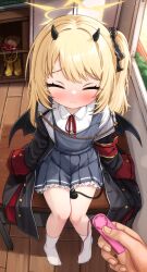 1girl absurdres asymmetrical_hair black_coat black_horns black_ribbon black_tail black_wings blonde_hair blue_archive blue_dress classroom closed_eyes closed_mouth coat collared_shirt commentary comodox demon_girl demon_horns demon_tail demon_wings desk dildo dress english_commentary flat_chest full_body hair_ribbon halo highres holding holding_sex_toy horns ibuki_(blue_archive) indoors large_variant_set loli long_sleeves neck_ribbon on_desk paid_reward_available pinafore_dress pov pov_hands red_ribbon remote_control_vibrator ribbon sex_toy shirt side_ponytail sitting sleeveless sleeveless_dress sleeves_past_wrists socks solo_focus tail variant_set vibrator white_shirt white_socks wings yellow_halo