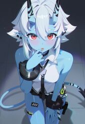 1girl absurdres bare_shoulders black_choker black_skirt blue_horns blue_skin breasts choker colored_skin hair_between_eyes highres horns loli looking_at_viewer medium_breasts melreon miniskirt oni petite pleated_skirt pointy_ears saliva shirt skirt sleeveless sleeveless_shirt solo soukaku_(zenless_zone_zero) tail white_hair white_shirt zenless_zone_zero