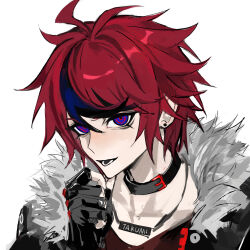 1boy ahoge alternate_costume binxngchng1 black_collar black_gloves black_streaks blue_eyes chinese_commentary collar ear_piercing fingerless_gloves fur-trimmed_jacket fur_trim gloves hand_up highres jacket jewelry lower_teeth_only male_focus multicolored_hair name_tag necklace open_mouth piercing red_hair short_hair solo streaked_hair sumino_takumi teeth the_hundred_line_-last_defense_academy- white_background