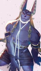 1boy abs animal_ears artist_name black_sclera closed_mouth colored_sclera commentary daru808080 dislyte drew_(anubis)_(dislyte) drew_(meta_anubis)_(dislyte) english_commentary furry furry_male highres jackal_boy jackal_ears looking_at_viewer male_focus muscular muscular_male nipples pectorals topless_male yellow_eyes