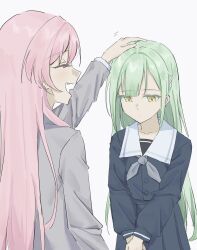 2girls absurdres bang_dream! bang_dream!_it&#039;s_mygo!!!!! blue_shirt blue_skirt chihaya_anon chinese_commentary closed_eyes commentary_request fang green_hair grey_jacket grey_neckerchief hair_ornament hairclip haneoka_school_uniform headpat highres jacket long_hair multiple_girls neckerchief ns68914ly0019 open_mouth pink_hair pleated_skirt school_uniform shirt simple_background skirt tsukinomori_school_uniform wakaba_mutsumi white_background yellow_eyes