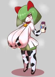 1girl absurdres animal_print areola_slip bell bikini bottle breasts cleavage collar cow_print cow_print_bikini cow_print_gloves cow_print_thighhighs cowbell elbow_gloves gen_3_pokemon gloves high_heels highres huge_breasts humanization kirlia lactation large_areolae milk milk_bottle monster_girl moomoo_milk nintendo oppai_loli pokemon pokemon_(creature) print_bikini print_gloves print_thighhighs red_eyes siglk solo swimsuit thighhighs