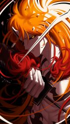 1boy abs absurdres alternate_form bankai black_sclera bleach broken_mask chest_tattoo collarbone colored_sclera colored_skin demon_horns hair_between_eyes highres holding holding_sword holding_weapon horns kurosaki_ichigo long_hair looking_at_viewer male_focus mask orange_hair parted_lips red_fur signature single_sleeve solo sword tattoo tensa_zangetsu_(bankai) tettora topless_male weapon white_skin yellow_eyes