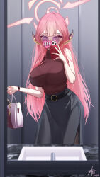 1girl absurdres aru_(blue_archive) bag bathroom belt black_belt black_skirt blue_archive breasts cellphone earrings halo handbag highres holding holding_bag holding_phone hoop_earrings horns jewelry large_breasts long_hair mirror pantyhose phone pink_hair pink_halo red_nails red_sweater reflection selfie sink skirt sleeveless sleeveless_turtleneck smartphone solo sunglasses sweater tinted_eyewear turtleneck very_long_hair watch wristwatch yellow_eyes z_shitei_ero