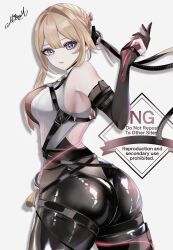 Rule 34 | 1girl, absurdres, artist name, ass, ass focus, back ribbon, backless shirt, black gloves, black ribbon, blush, braid, braided bun, breast strap, breasts, chest strap, closed mouth, collarbone, elbow gloves, embarrassed, english text, evelyn chevalier, eyebrows hidden by hair, eyes visible through hair, fingerless gloves, gloves, hair between eyes, hair bun, hair ribbon, high-waist pants, highres, holding, holding string, large breasts, latex, latex pants, long hair, long ribbon, looking at viewer, mole, mole under eye, necktie, pants, purple eyes, ribbon, rr mutou3yu, shirt, sideboob, signature, sleeveless, sleeveless shirt, smile, solo, standing, string, thighs, tight clothes, tight pants, white background, white shirt, yellow necktie, zenless zone zero