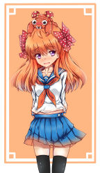10s 1girl black_thighhighs blush bow color_connection dango_remi female_focus framed gekkan_shoujo_nozaki-kun gen_1_pokemon hair_bow highres long_hair long_sleeves nintendo orange_hair out_of_frame paras pleated_skirt pokemon pokemon_(creature) polka_dot polka_dot_bow purple_eyes sakura_chiyo school_uniform serafuku sitting sitting_on_head sitting_on_person skirt standing thighhighs zettai_ryouiki