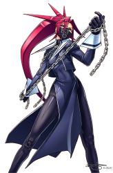 Rule 34 | 1girl, 2010, black gloves, breasts, capcom, chain, chain collar, delinquent, female focus, gloves, highres, himezaki aoi, holding, holding chain, justice gakuen, long hair, looking at viewer, mask, moero! justice gakuen, omar dogan, ponytail, red hair, signature, solo, spandex, sukeban, white background