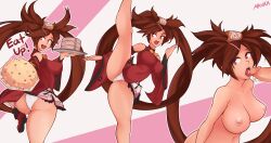 1boy 1girl absurdres aikuxa artist_name ass bare_shoulders breasts brown_eyes brown_hair collarbone completely_nude covered_erect_nipples covered_navel cum english_text fellatio flexible guilty_gear guilty_gear_xrd hetero highres huge_ass kuradoberi_jam large_breasts leg_up long_hair multiple_views nipples nude open_mouth oral panties penis split standing standing_on_one_leg standing_split thick_thighs thighs underwear wedgie white_panties