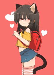 Rule 34 | 1girl, :3, absurdres, animal ears, backpack, bag, bare shoulders, black hair, blue skirt, blush, cat ears, cat girl, cat tail, closed mouth, cropped shirt, denim, denim skirt, extra ears, flat chest, from side, heart, highres, long hair, looking at viewer, mesugaki, miniskirt, off-shoulder shirt, off shoulder, orenjipiiru, original, pink thighhighs, randoseru, red background, red bag, red eyes, shirt, simple background, skirt, solo, striped clothes, striped thighhighs, tail, thighhighs