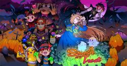 2girls 3boys animal_crossing ascot axe baseball_cap bat_(animal) bayonetta bayonetta_(series) black_hair blinky_(pac-man) blue_dress boo_(mario) brown_hair candy crown donkey_kong donkey_kong_(series) doseisan dress elbow_gloves fake_blood fangs food forehead_jewel full_moon ganondorf gen_1_pokemon ghost gloves graveyard green_eyes hat holding holding_axe holding_candy holding_food holding_lollipop holding_wand inky_(pac-man) lollipop long_hair luma_(mario) mario_(series) moon mother_(series) mother_2 multiple_boys multiple_girls nessa_(pokemon) night nintendo outdoors outstretched_arms pac-man_(game) pikachu pokemon pumpkin shirt star_(symbol) striped_clothes striped_shirt super_smash_bros. swirl_lollipop the_legend_of_zelda thick_eyebrows tombstone very_long_hair villager_(animal_crossing) wand wrapped_candy yasaikakiage zombie_pose
