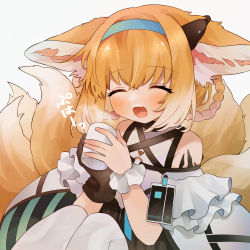 1girl :d ^_^ animal_ear_fluff animal_ears arknights bare_shoulders black_gloves blonde_hair blue_hairband braid braided_hair_rings closed_eyes cup facing_viewer foam_mustache fox_ears fox_girl fox_tail gloves gradient_hair grey_background hair_between_eyes hair_rings hairband highres holding holding_cup kitsune knees_up kyuubi material_growth mug multicolored_hair multiple_tails open_mouth oripathy_lesion_(arknights) pantyhose shirt simple_background single_glove single_wrist_cuff sitting smile solo steam suzuran_(arknights) tail takumi_mizuki translation_request twin_braids white_hair white_pantyhose white_shirt wrist_cuffs