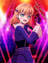 Rule 34 | 1girl, :d, akihitohappy, aqua eyes, asymmetrical sleeves, blue shirt, blue shorts, blush, commentary request, cosplay, cowboy shot, dancing, english text, hair ornament, highres, hinoshita kaho, holding, holding microphone, idol, karaoke hasu no sora, ladybug/beauty (love live!), ladybug (love live!), link! like! love live!, looking at viewer, love live!, lyrics, medium hair, microphone, motion lines, music, open mouth, orange hair, purple background, shirt, shorts, singing, smile, solo, standing, triangle hair ornament, two side up, uneven sleeves, v-shaped eyebrows
